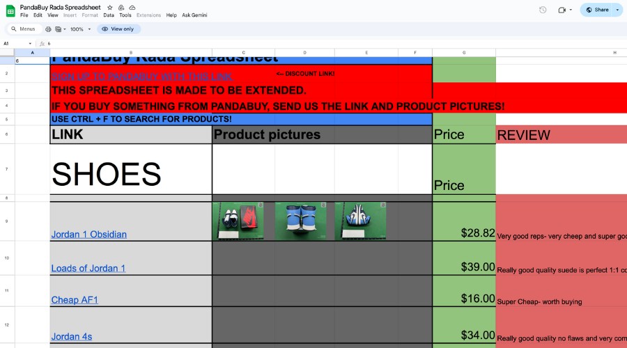Pandabuy Spreadsheets Example