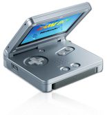 Game Boy Advance SP showing its sleek clamshell design and the text 'Portable Power'.
